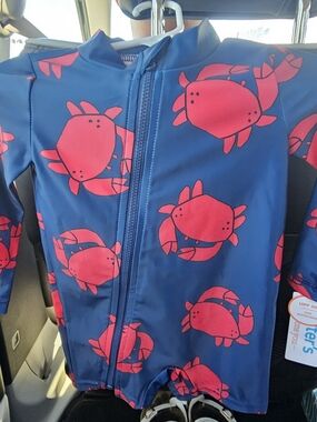 Carter's Blue Crab-Print Front-Zip Rash Guard Swimsuit